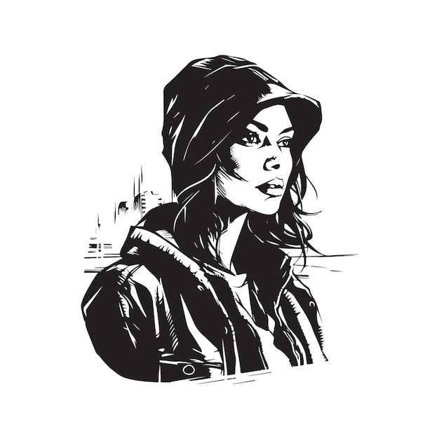 Urban woman vintage logo line art concept black and white color hand drawn illustration