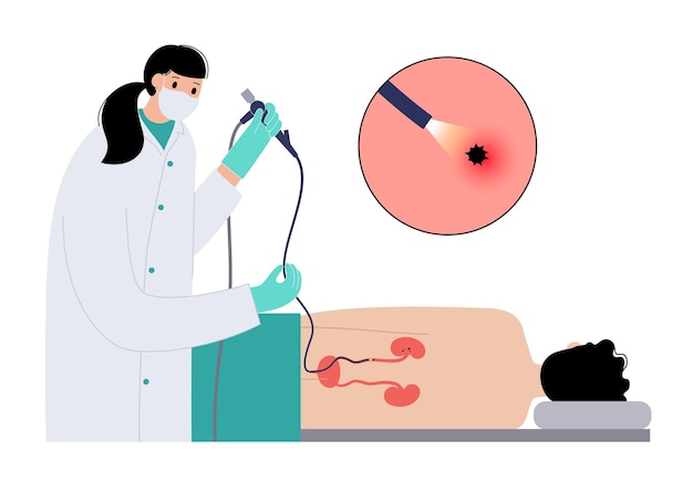 L'ureteroscopia è una procedura minimamente invasiva esame e trattamento del rene disturbi del sistema urinario cancro polipi calcoli o infiammazioni poster del vettore medico delle vie urinarie