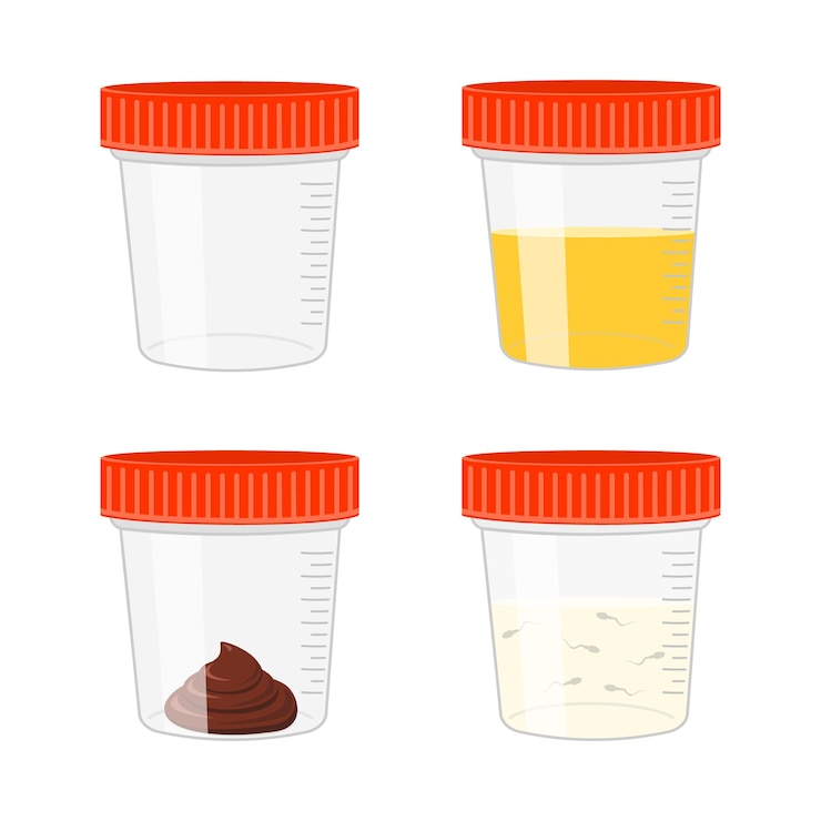 Vector urine stool and semen samples empty and full plastic cups urinalysis poo and sperm analysis set