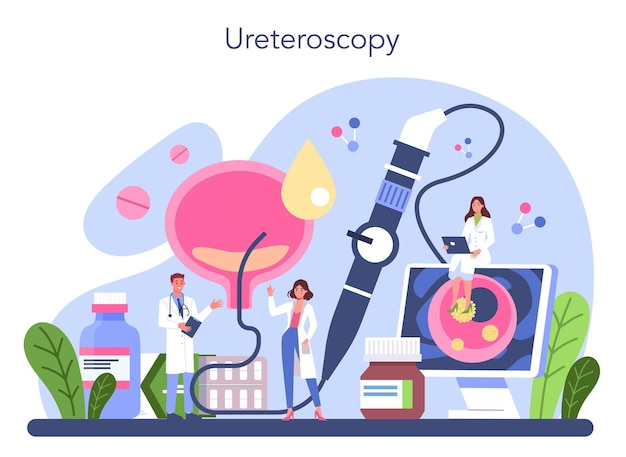 비뇨기과 개념 신장 및 방광 치료 병원 비뇨기과 치료의 아이디어 Ureteroscopy 내부 인간 장기 검사 만화 스타일의 벡터 일러스트 레이 션