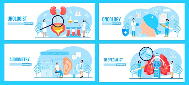 Urologistoncoloog tb specialist audiometer concept set vector voor medische website longfibrose tuberculose longontsteking