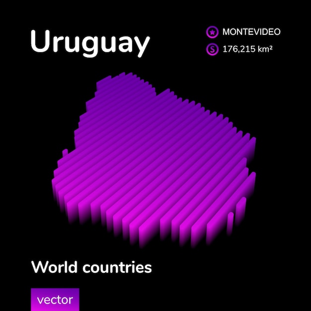 3d карта уругвая стилизованная неоновая цифровая изометрическая полосатая векторная карта уругвая в фиолетовых тонах на черном фоне