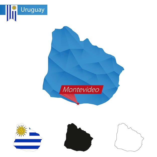 Vector uruguay blauwe low poly kaart met hoofdstad montevideo