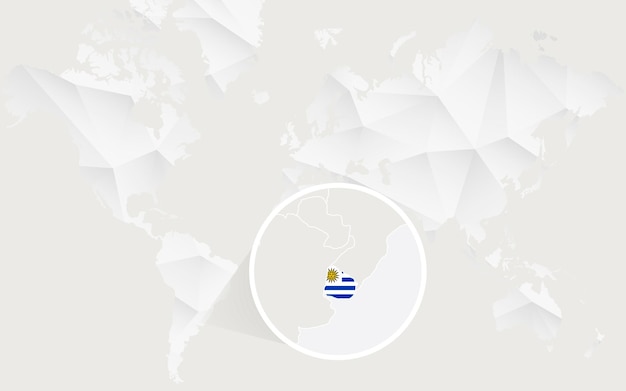 Uruguay map with flag in contour on white polygonal world map