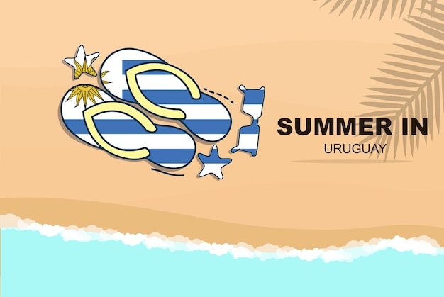 Uruguay summer holiday vector banner beach vacation flip flops sunglasses starfish on sand