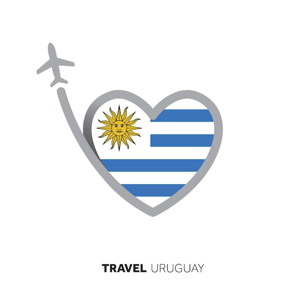 Concetto di viaggio in uruguay bandiera a forma di cuore con aereo