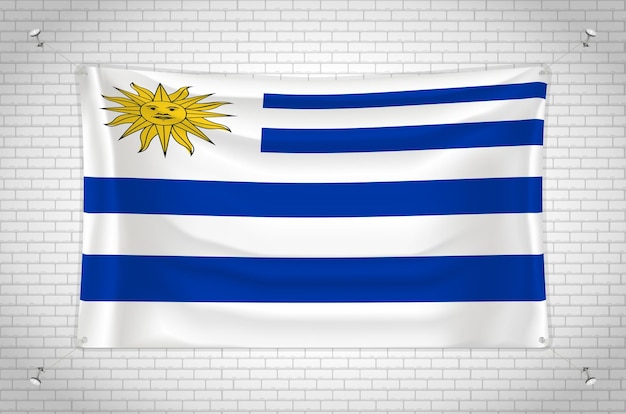 Uruguay-vlag die op bakstenen muur hangt. 3D-tekening. Vlag aan de muur bevestigd. Netjes tekenen in groepen