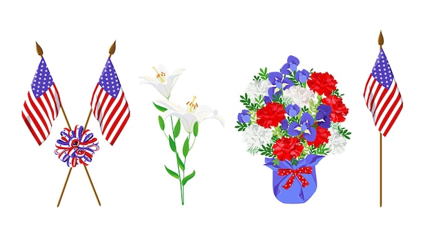 Bandiere degli stati uniti gigli nastro a strisce un bouquet di fiori rossi, blu e bianchi vector memorial day