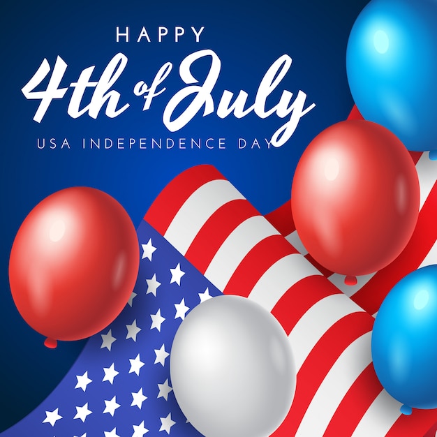 US independence day banner, poster or greeting card with national flag and balloons on blue background, illustration