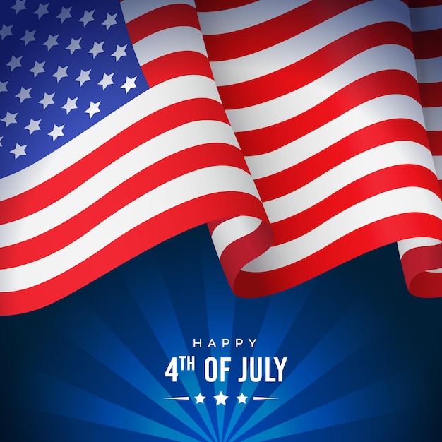 US independence day banner or poster with national flag on blue