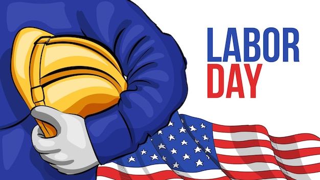 アメリカ合衆国 労働の日  労働者の安全ヘルメットとアメリカ国旗の背景を描いた漫画