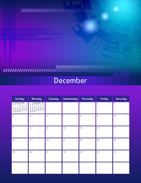 Noi lettera formato carta vettore calendario pianificatore mensile futuristico dicembre 2022 settimana inizia domenica verticale organizzatore astratto abitudine tracker illustrazione moderna colorata