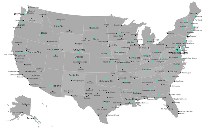 Vector us map with separated states and state names vector illustration