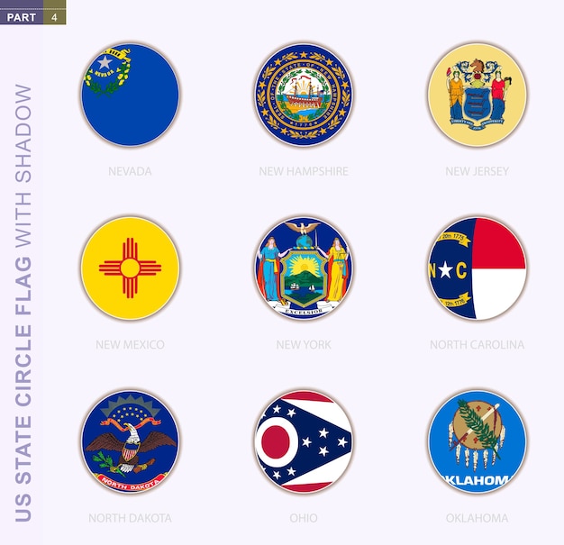 Us state circle flag with shadow, collection of nine round flag. vector flags of 9 us state: nevada, new hampshire, new jersey, new mexico, new york, north carolina, north dakota, ohio, oklahoma