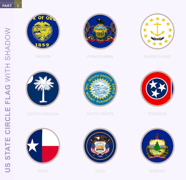 Us state circle flag with shadow, collection of nine round flag. vector flags of 9 us state: oregon, pennsylvania, rhode island, south carolina, south dakota, tennessee, texas, utah, vermont