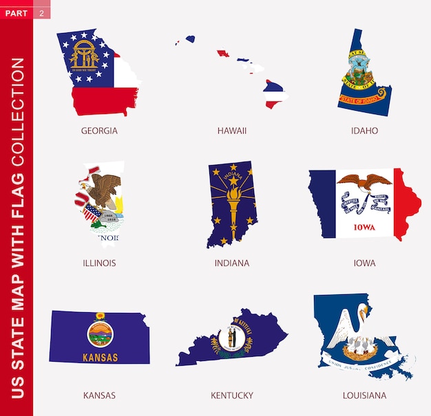 Vector us state maps with flag collection, nine usa map contour with flag of georgia, hawaii, idaho, illinois, indiana, iowa, kansas, kentucky, louisiana