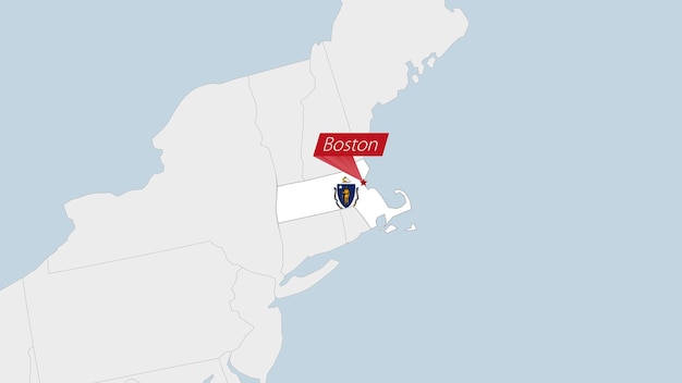 US State Massachusetts map highlighted in Massachusetts flag colors and pin of country capital Boston