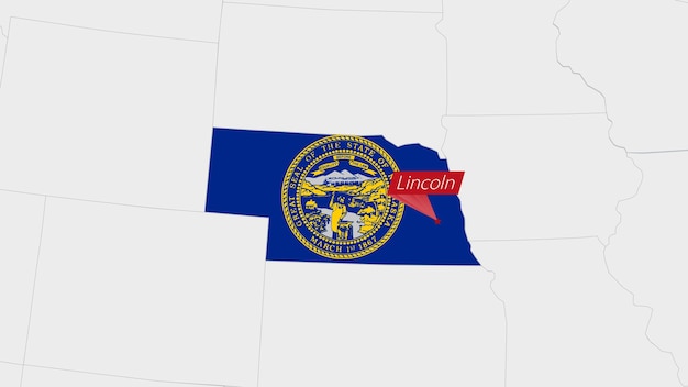 US State Nebraska map highlighted in Nebraska flag colors and pin of country capital Lincoln