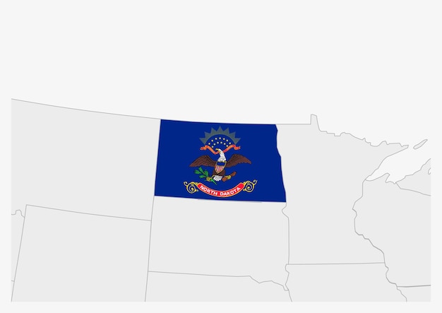 Vector us state north dakota map highlighted in north dakota flag colors gray map with neighboring usa states