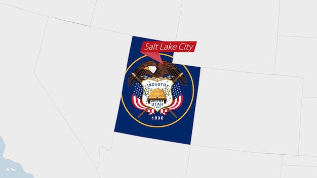 미국 유타 주 지도는 유타 국기 색상과 국가 수도 솔트레이크시티의 핀으로 강조 표시됩니다.