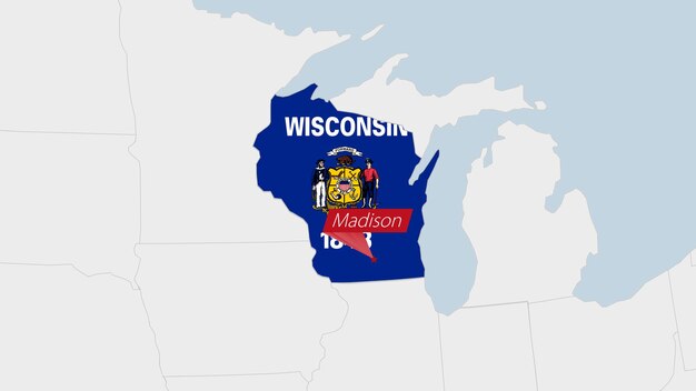 Us state wisconsin map highlighted in wisconsin flag colors and pin of country capital madison