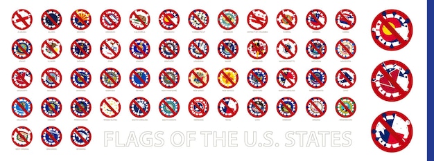 Us states flag in shape of virus cell stop coronavirus sign collection