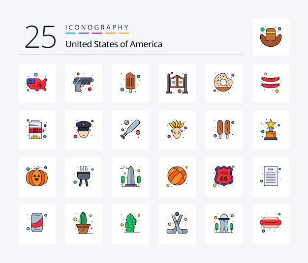 Usa 25 line filled icon pack inclusief lekker donutijs westers huishouden