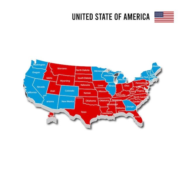 Mappa 3d degli stati uniti. mappa vettoriale degli stati uniti d'america. mappa degli stati uniti
