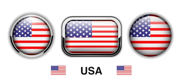 Vector usa, american flag buttons, 3d shiny vector icons.