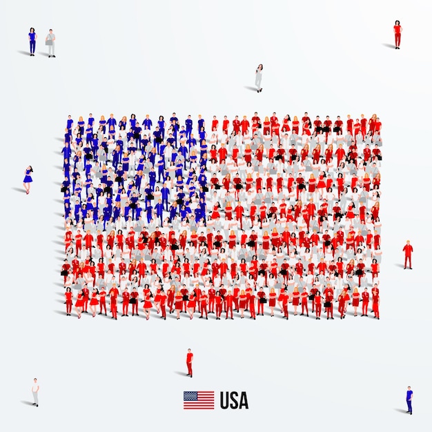 The USA or American Flag. A large group of people form to create the shape of the United States .