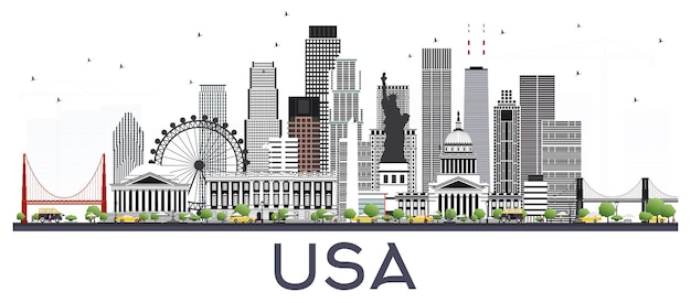 Usa city skyline met grijze gebouwen geïsoleerd op wit. vectorillustratie. zakelijk reizen en toerisme concept met moderne architectuur. usa stadsgezicht met monumenten.