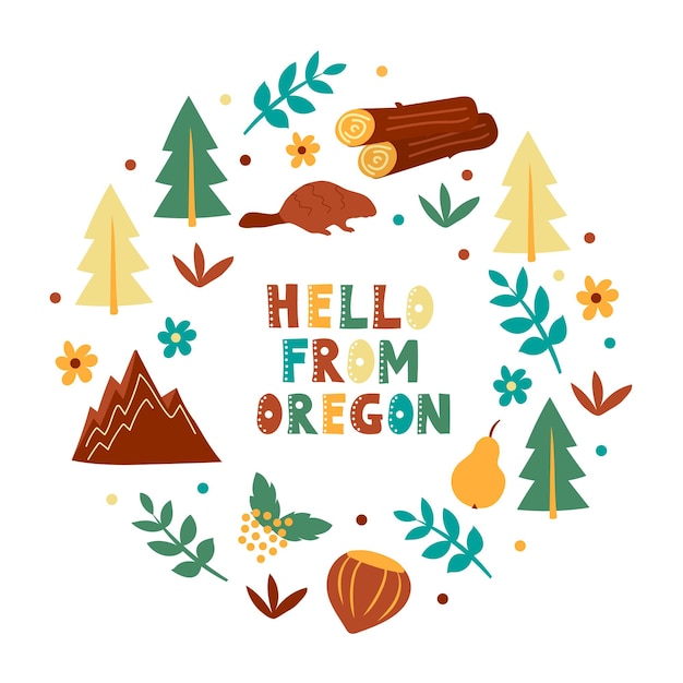 USA collection. Hello from Oregon theme. State Symbols round shape card