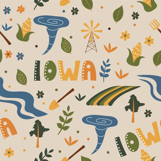 USA collection. Vector illustration of Iowa theme. State Symbols - seamless pattern