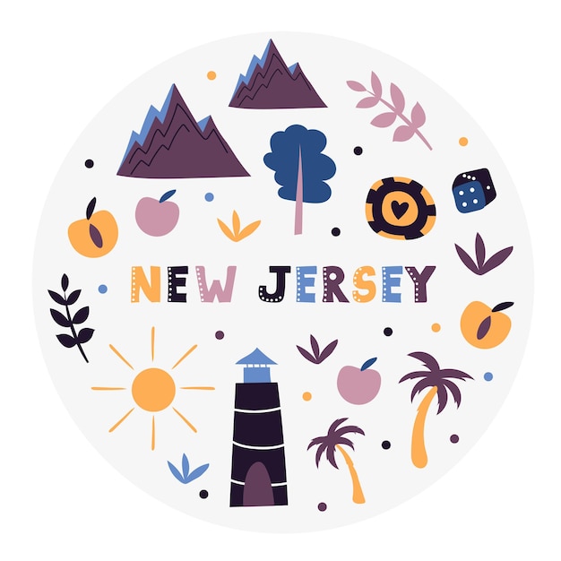 USA collection. Vector illustration of New Jersey. State Symbols - round shape
