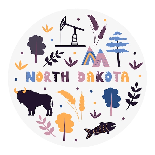 Vector usa collection. vector illustration of north dakota. state symbols - round shape