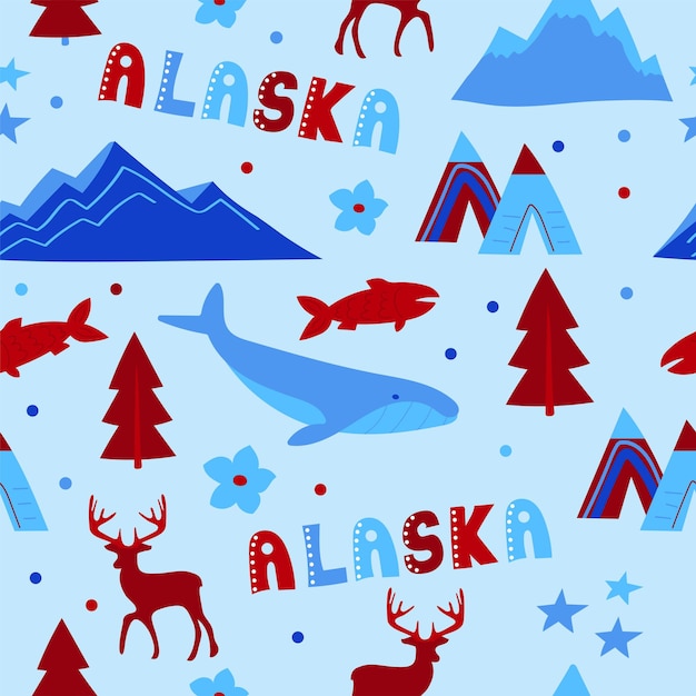 Usaコレクション。アラスカのテーマのベクトルイラスト。状態記号-シームレスパターン