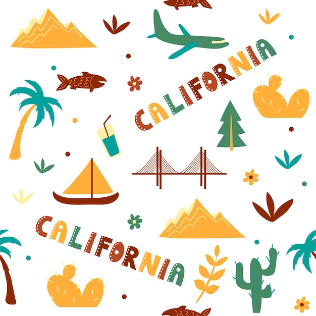 Коллекция сша. векторная иллюстрация темы калифорнии. государственные символы - бесшовный фон