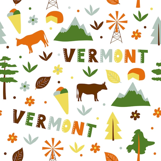 USA collection. Vector illustration of Vermont theme. State Symbols - seamless pattern