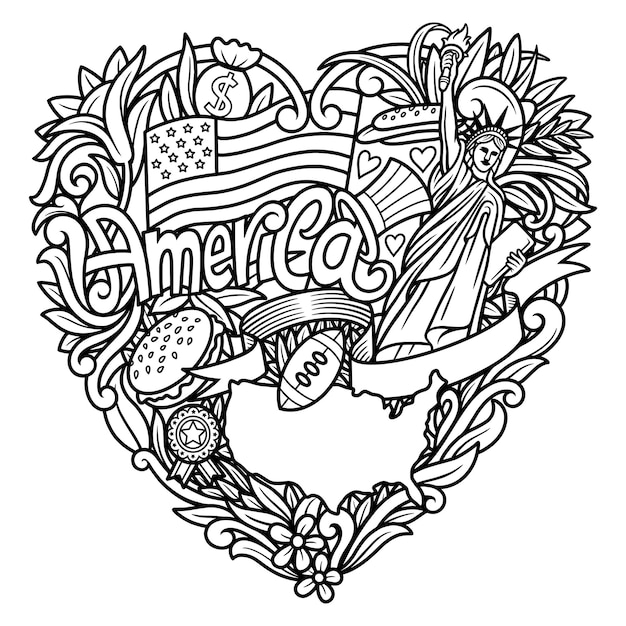 Usa elementen, amerika doodle tekening zwart-wit voor kleurboek