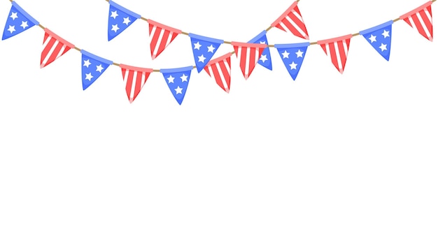 USA flag garland. US patriotic pennants chain. American party bunting decoration United States flags