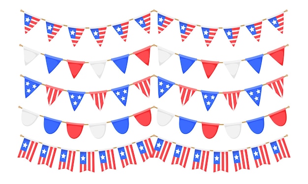 USA flag garlands set. US patriotic pennants chains collection. American party bunting decoration