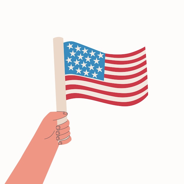 Bandiera degli stati uniti la mano tiene la bandiera nazionale degli stati uniti d'america vector cartoon illustrazione
