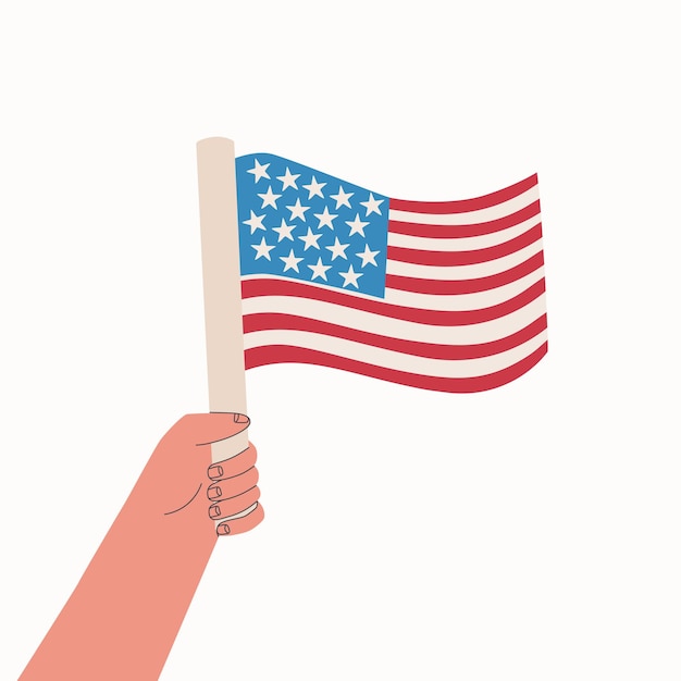 Usa flag hand holds national flag of united states of america vector cartoon illustration