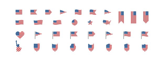 Vettore set di icone della bandiera e della mappa degli stati uniti simbolo nazionale degli stati uniti d'america 4 luglio illustrazione vettoriale isolata per il banner wab