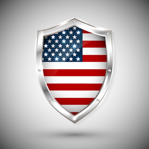 Vector usa flag on metal shiny shield . collection of flags on shield against white background. abstract isolated object.