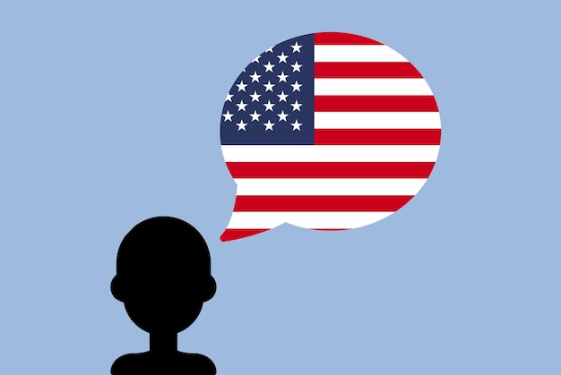 Usa flag with speech balloon silhouette man with country flag learning english language