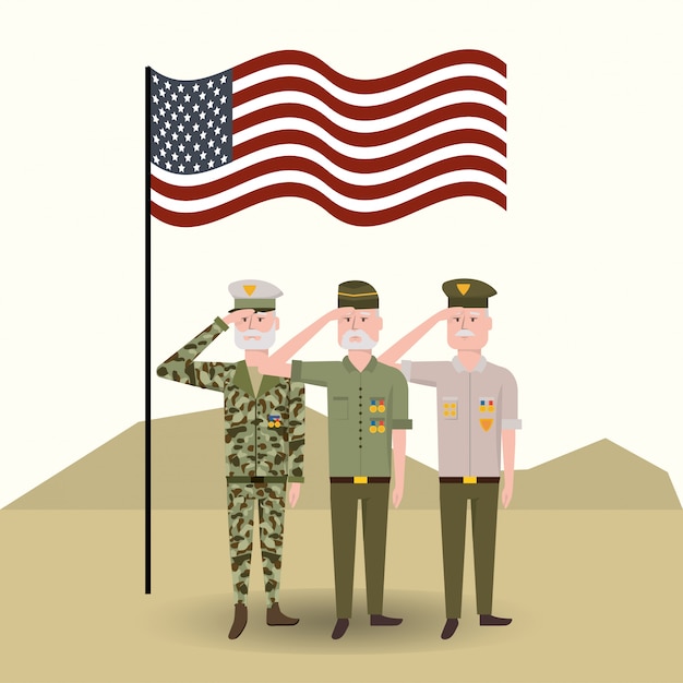 Vector usa flag with veterans military soldiers