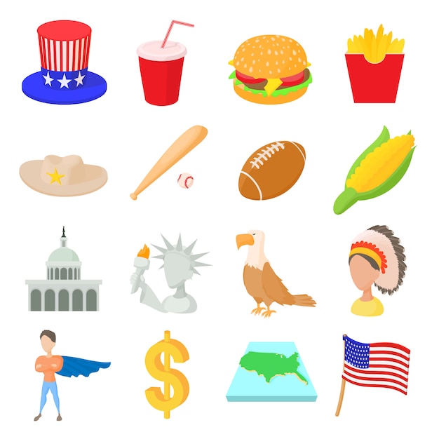 Usa icons set in cartoon style isolated on white background