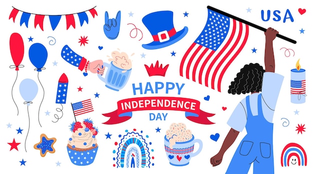 Vector usa independence day icon set africanamerican woman with flag decorative elements symbols of usa
