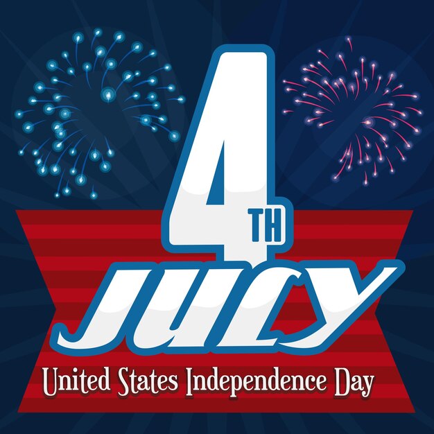 USA Independence Day poster with greeting text on stripped ribbon and fireworks